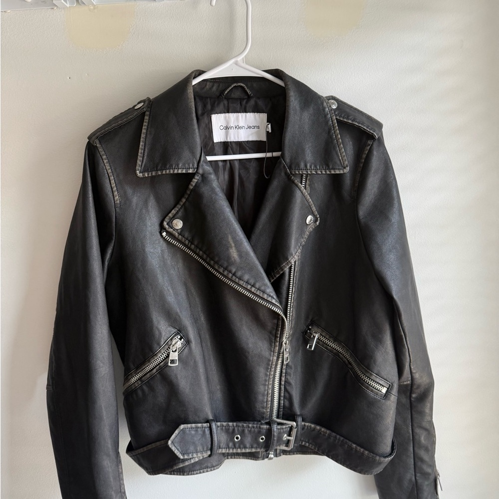 Calvin Klein Jeans Black Faux Leather Moto Belted Jacket (excellent condition)